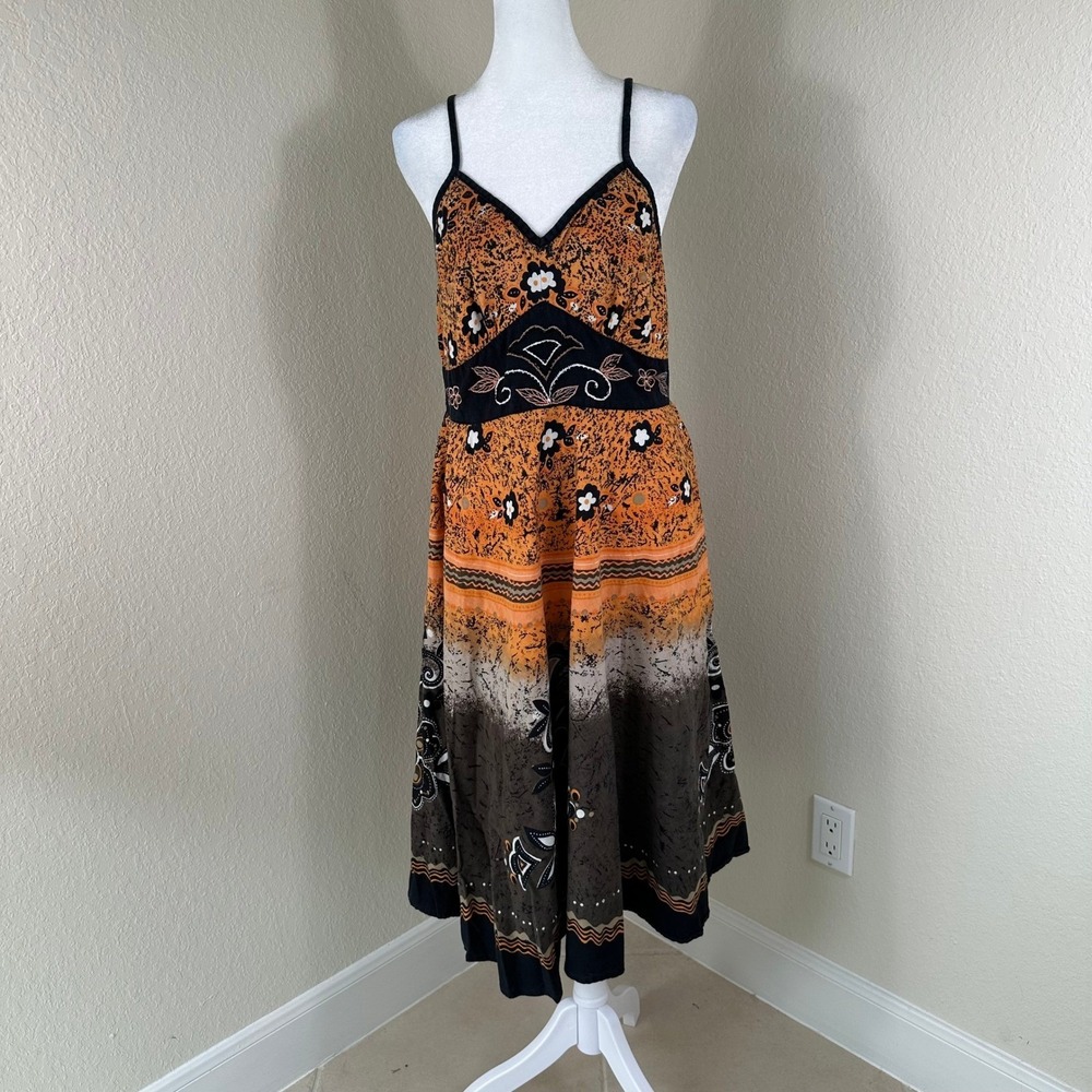 Magic Floral Midi Dress‎ Womens S Orange Boho Festival Embroidered Cotton
